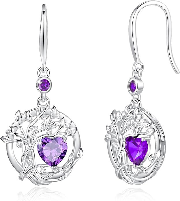 FANCIME Tree of Life Dangle Drop Earrings 925 Sterling Silver Dainty Round Gemstone Birthstone Earring Fine Jewelry Birthday Christmas Gifts for Her Women