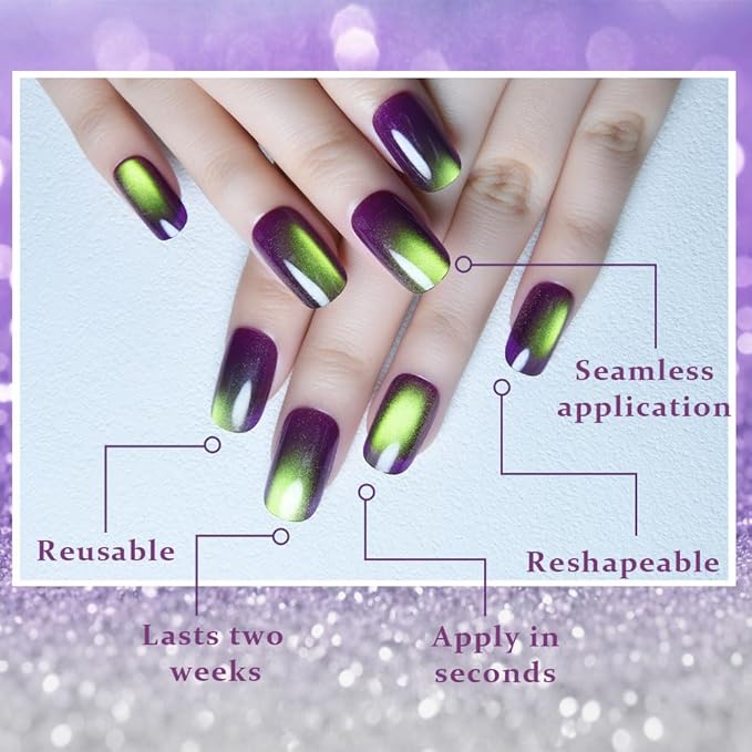 evpct Dark Grape Purple Green Metallic Cat Eye Press on Nails Square Medium, Stick on Nails Medium Length Square for Women, Metallic Nail press ons, Iridescent Glitter Acrylic Fake Press on Nail