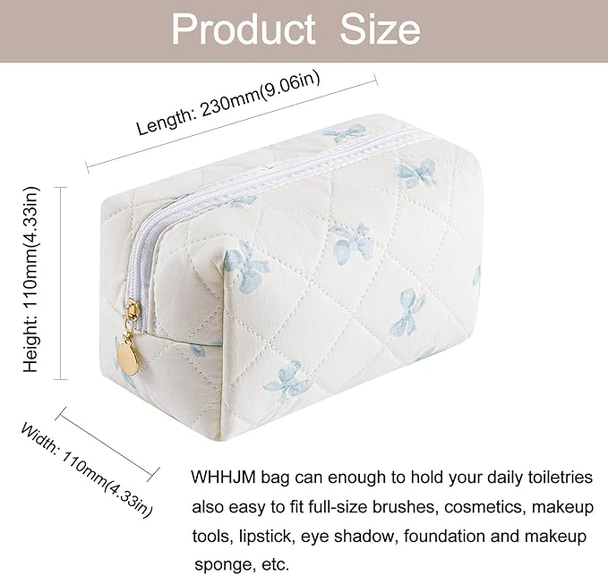 Cute Floral Makeup Bag Small Cotton Quilted Cosmetic Bag, Aesthetic Essential Bag Emergency Bag Gift for Women Girls Travel Accessories (Blue Small Bowknot)