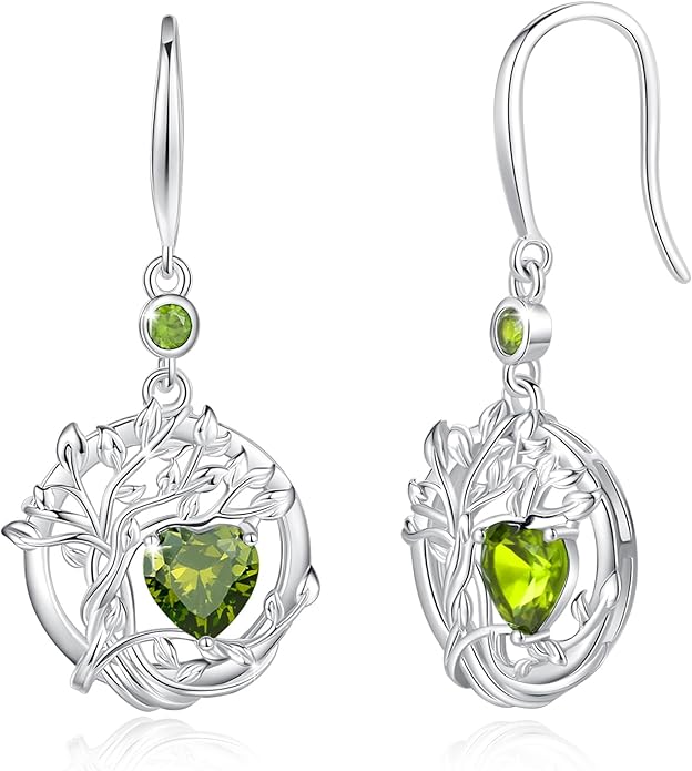 FANCIME Tree of Life Dangle Drop Earrings 925 Sterling Silver Dainty Round Gemstone Birthstone Earring Fine Jewelry Birthday Christmas Gifts for Her Women