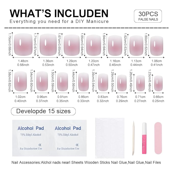 XZMeiLun Pink Ombre Press On Nails Short Square, Gradient French Tip Designer Fake Nail Reusable Real Acrylic Nails for Women, Glossy Soft Gel False Nail with Glue On Nails, Wedding Stick On Nail