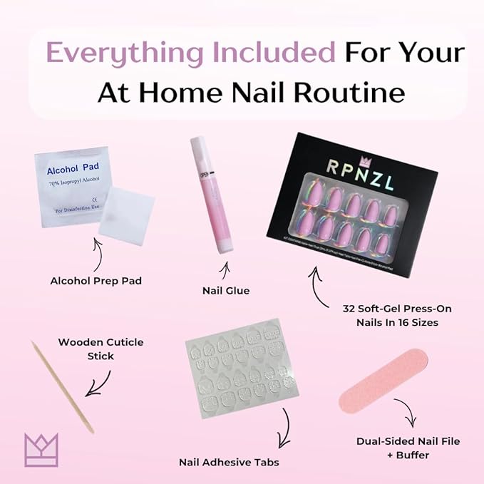 RPNZL Press On Nails - Pretty In Pink | Pink Medium Almond, UV Finish, Reusable | 32 Nails, 16 Sizes Kit with Glue and Adhesive Tabs I Female Founded