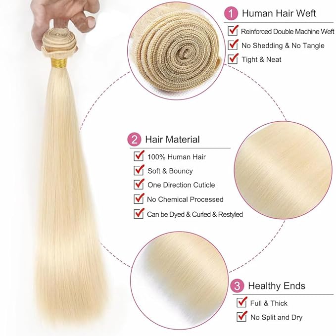 613 Bundles Human Hair Straight Blonde Human Hair Bundles 100% Unprocessed 12A Brazilian Bundle Straight Bundle 16 Inch Hair Extensions