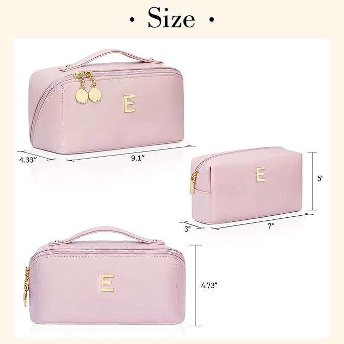 Valentine's Day Gifts for Women Teen Girl, Personalized Initial Makeup Organizer Bag Set, Open Flat Travel Cosmetic Bag With Clear Divider and Handle(Pink,E)