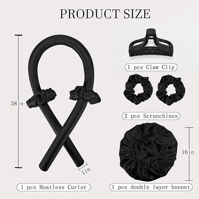 No Heat Overnight Curls with Double Layer Satin Bonnet - Soft Hair Curlers to Sleep In, heatless Curling Rods Set + Silk Bonnet for Women & Girls Long Hair, Heatless Waves & Volume (Black)