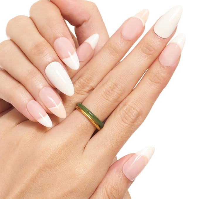 GLAMERMAID Creamy White Press on Nails Medium Almond, Nude Pink Beige Crush Jelly Gel False Nals, French Tip Stiletto Glue on Nails Kit for Women, Short Oval Stick on Acrylic Fake Nails Manicure Set
