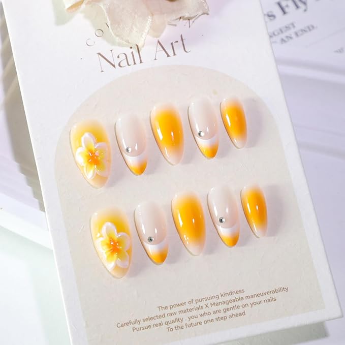 24pcs Yellow Press on Nails Medium Almond Fake Nails 3D Flower Nail Art with Short Almond-Shaped French Nails, for Women and Girls Graduation Balls Parties Dates Wear