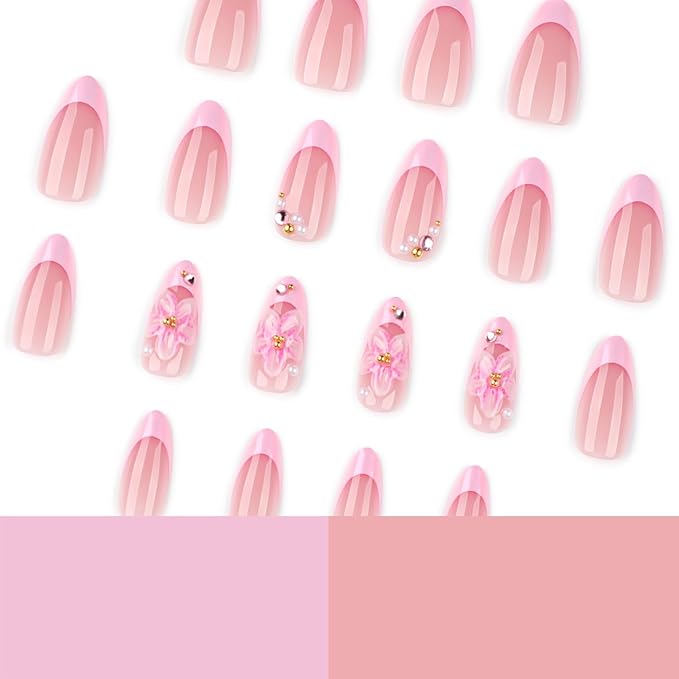 24Pcs French Tip Press on Nails with Charms 3D Pink Flower Designs Medium Almond Fake Nails French Nails Pink Stick on Nails Nail Tips Acrylic Nails Rhinestones Nails for Women Daily Wear