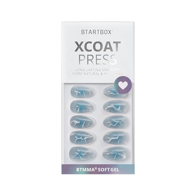 BTArtbox Press On Nails Short - Lamp-Curable Sparkly Blue Almond Press On Nails with Glue for Women, Semi-Transparent Soft Gel Glue On Nails in 16 Sizes - 32 Stick On Nails Kit, Blue Mirage
