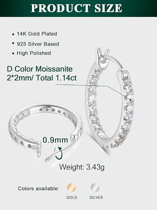 Wyyxl Womens Diamond Hoop Earrings, 20/25/30mm Small Hoop Sterling Silver Based Hypoallergenic Huggie Stud, Sparkle Moissanite 5a Cubic Zirconia Earings Jewelry for Woman Daily Party Wear