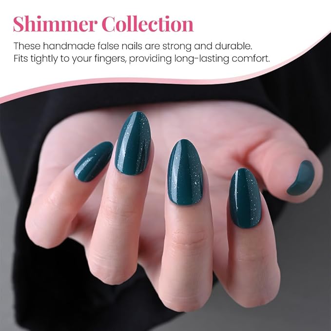 evpct Dark Cyan Green Press on Nails Short Almond, Glitter Shimmer Shiny Short Almond Fake Nails for Women Gift, Soft Gel Press Stick on Nails with Nail Kit, 30Pcs Reusable Acrylic Nail Manicure Kit
