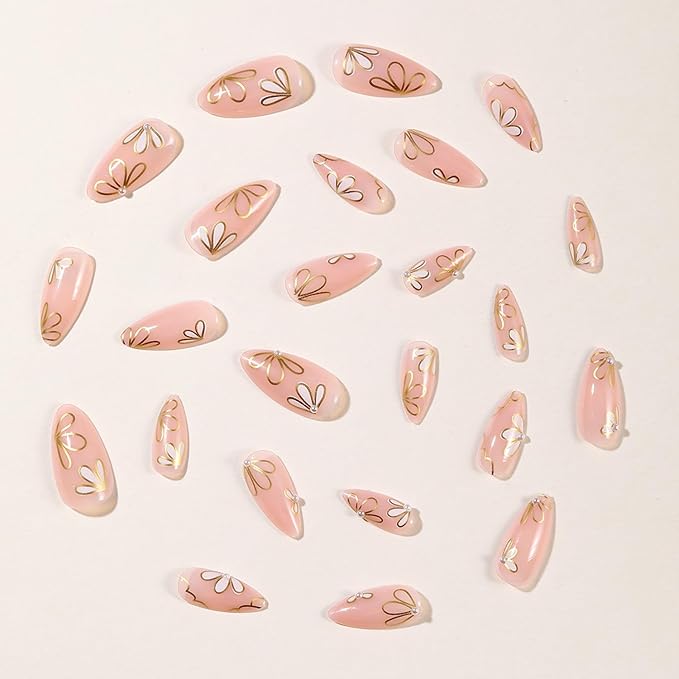 Almond Press on Nails Medium Fake Nails Press ons with Designs Flower Petals False Nails Full Cover Acrylic Nail Tips Press on Nail Reusable French Nails Stick on Nails for Women Manicure Decor 24Pcs
