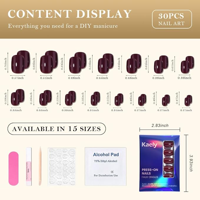 evpct Wine Red Glossy Press on Nails Short Square Nails for Women Gift, Dark Red Glossy Fake Nail with Kits, Soft Gel Reusable Stick on Acrylic Nail Full Cover Perfectly Fit Durable Salon Quality