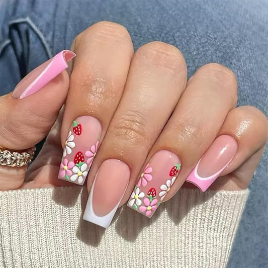 CTTHNBD Press on Nails Medium - Square Fake Nails with Flower Design - Pink French Tip False Nails Press ons - for Women 24 Pcs