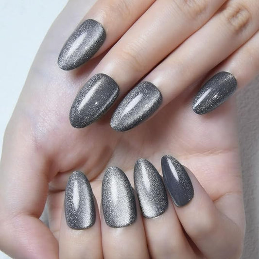 evpct Cat Eye Silver Press on Nails Almond Short, Silver Metal Short Almond Soft Gel Press on Nails with Nail Kit, Fit Perfectly, 30Pcs Reusable Acrylic Fake Press-on Nail Polish Kit for Women Gift
