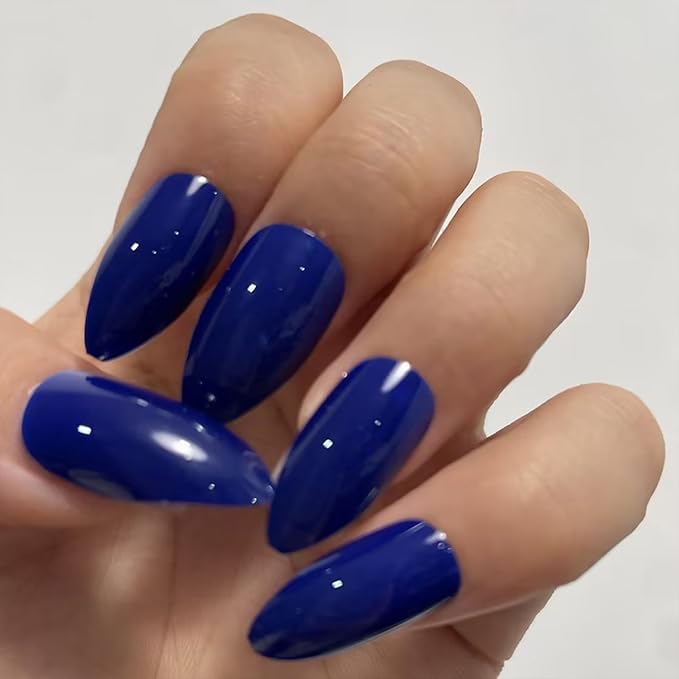 JONKASIPA Medium Almond Nails (Short) - Blue Pressed False Nails, Oval French Nails, Perfect Fit and Reusable Women's Nails, 12 Size Nail Set