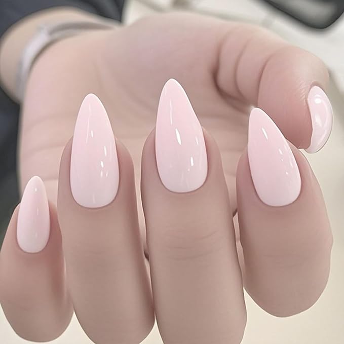 JONKASIPA French Tip Fake Nails - Flesh Pink Almond Press-On Nails, Acrylic Artificial Nails, Includes 32 Pieces of Nail Stickers Set Designed for Women