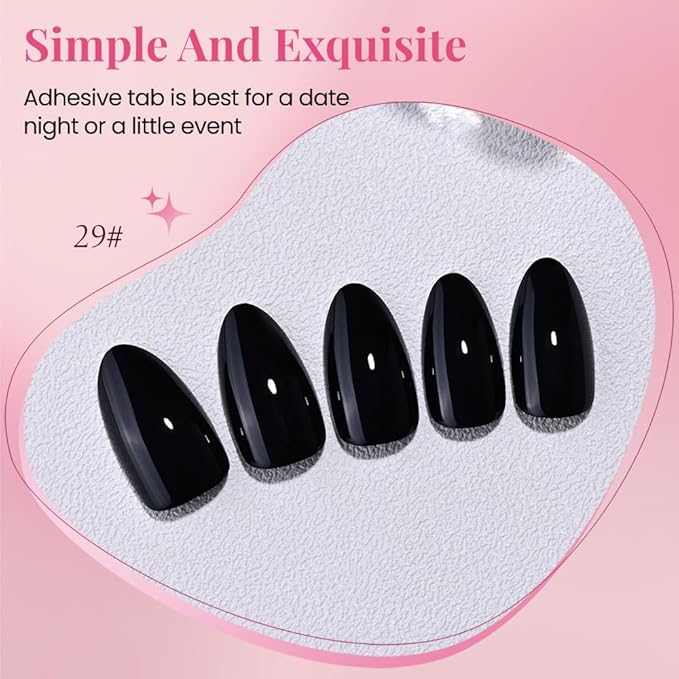 evpct Glossy Press on Nails Short Almond Short for Women, Black Fake Nail with Kits Salon Quality Reusable Stick on Nails In 15 Sizes 30Pcs Full Cover False Nail Soft Gel Set Kit for Gift, 29