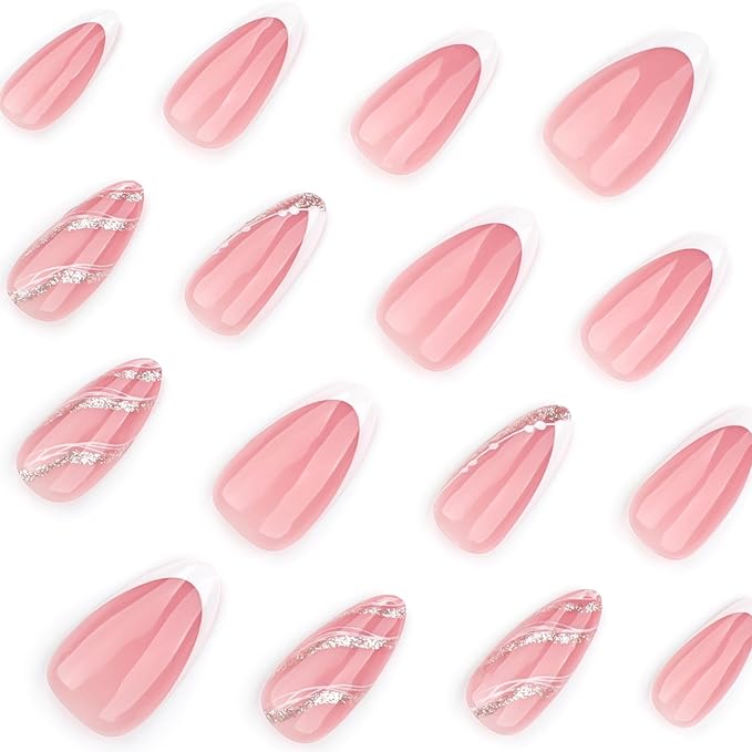 XZMeiLun White French Tip Press On Nails Short Almond, Rose Gold Tip Designer Reusable Acrylic Fake Nails with Glue On Nails, Glossy Soft Gel Nails Wedding and Party, Stick On Nails for Women Gift