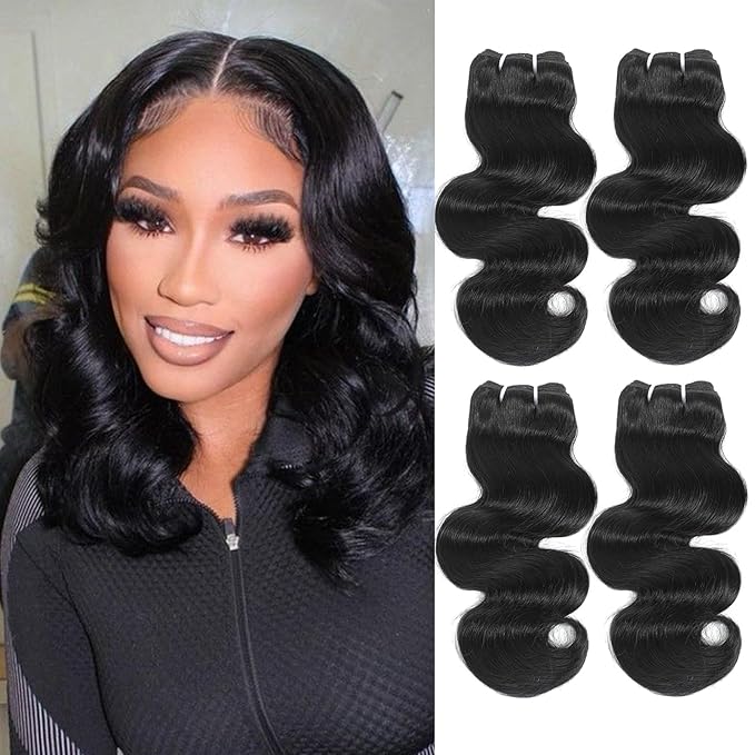 HVN-KVVM Body Wave Bundles Human Hair 14 Inch 12A Human Hair Bundles 100% Unprocessed Brazilian Virgin Hair Weave 4 Bundles Human Hair Natural Black Color (14/14/14/14 Inch, 4 Bundles)