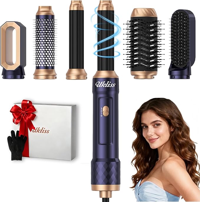 Ukliss Hair Dryer 6 in 1 & Blow Dryer Brush | Controlled Airflow for Effortless Auto-Wrap Curls & Frizz-Free Shine, Salon Styling at Home for All Hair Types with ALCI Plug,Blue