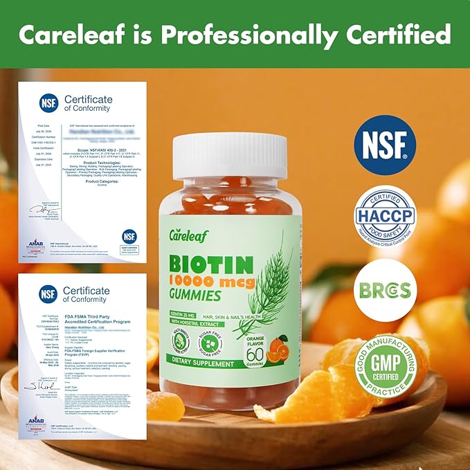 careleaf Biotin Gummies, Hair Growth Gummies with 10000 mcg Biotin/Collagen/Keratin, Hair Vitamins for Fuller Hair, Stronger Nails, Glowing Skin, Beauty Support for Women, 60 Count, Orange Flavor