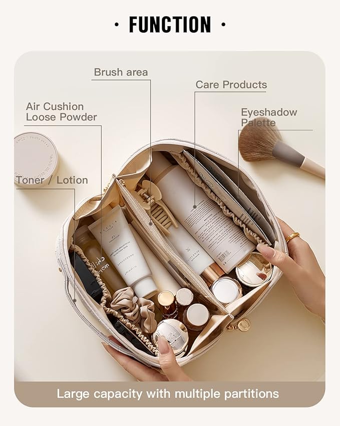 EACHY Travel Makeup Bag, Large Capacity Cosmetic Bag for Women, Waterproof PU Leather, Flat Open Portable Toiletry Bag for Skincare, Brushes & Travel Essentials