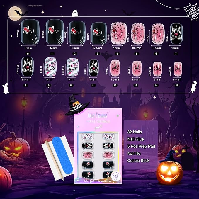 Halloween Press On Nails Short - Mummy’s Crypt,Black Press On Nails Halloween with Spider Web, Acrylic Square Glue On Nails with Nail Glue, Stick On Nails in 16 Sizes - 32 PCS Soft Gel Kit