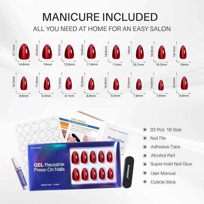 SHANGMENG Dark Red Cat Eye Press on Nails Almond - Soft Gel Valentines Short Press on Nails for Women Gift, Glossy Glue on Nails in 16 Sizes - 32 Reusable Fake Nails Kit with Glue, Wine