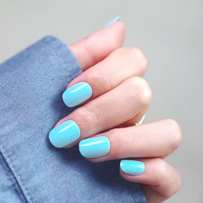 LAMIMOSA 32Pcs Press On Nails Extra Short Round, Pastel Baby Blue Fake Nails with Glue, Soft Gel Nails in 16 Sizes, Reusable Glue On Nails Kit, MINTY AQUA