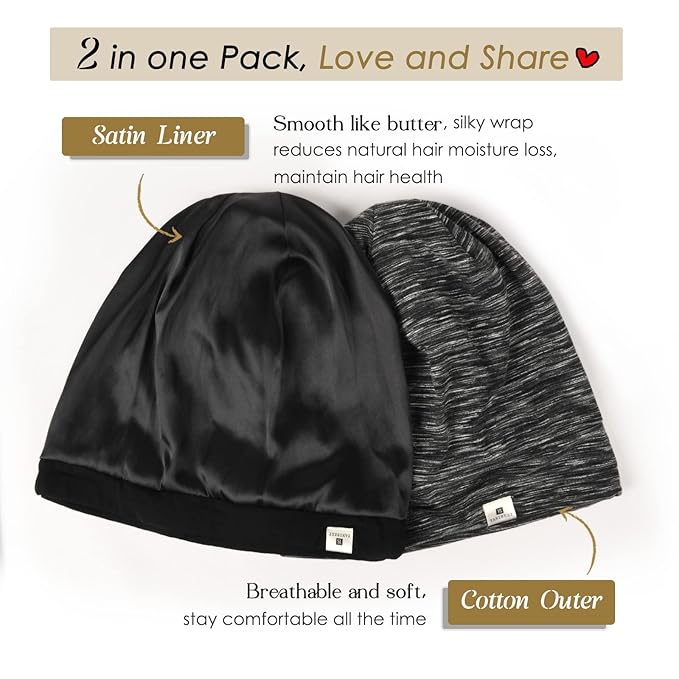 YANIBEST 2 Pcs Silk Bonnet Satin Bonnet Hair Bonnet for Sleeping - Adjustable Saty on Satin Lined Slouchy Beanie Hat for Women