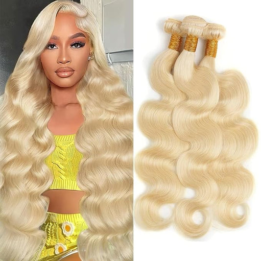 613 Bundles Blonde Human Hair Body Wave Bundles 18 20 22 Inch 100% Unprocessed 12A Grade Brazilian Virgin Hair Extensions for Women Double Weft Quick Weave Full and Thick No Tangle