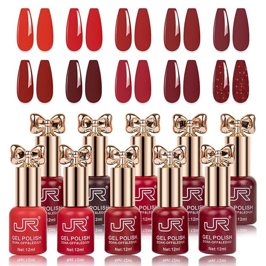 JR 12ml 10colors HEMA Free Red Gel Nail Polish Set Long Lasting Soak off UV Gel Polish Kit Nail Art DIY Manicure Salon Home Gifts for Women D Model