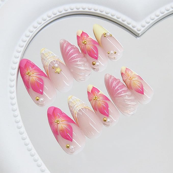 JONKASIPA 24 Pcs Medium Pressed Gel Nails Oval French Artificial Nails Pink Hawaiian Floral Acrylic Nails Full Coverage Women's Manicure Set With Gold Pearls