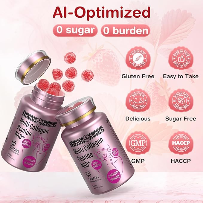 HealthSender Collagen Peptide Gummies, Sugar-Free Woman &Man's Proteins Collagen Gummy Filled 1500mg Hydrolyzed Collagen Type I,II,III,V,X,1000mg NAD 15000mcg Biotin Supplement for Skin, Hair, Nails