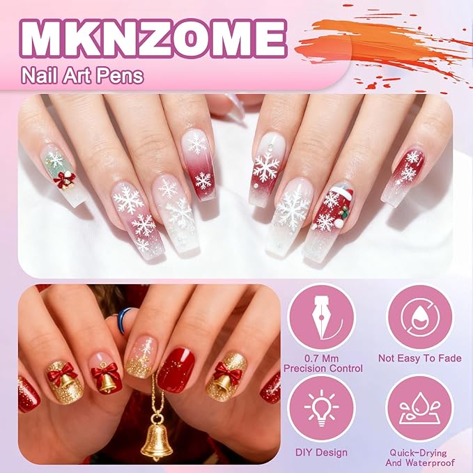 MKNZOME Nail Art Pens Set, 12 Color 0.7 MM Nail Art Markers Nail Polish Pens Drawing Painting Point Liner Painted Kit, Waterproof and Quick-drying Nail for DIY Design Manicure Tools