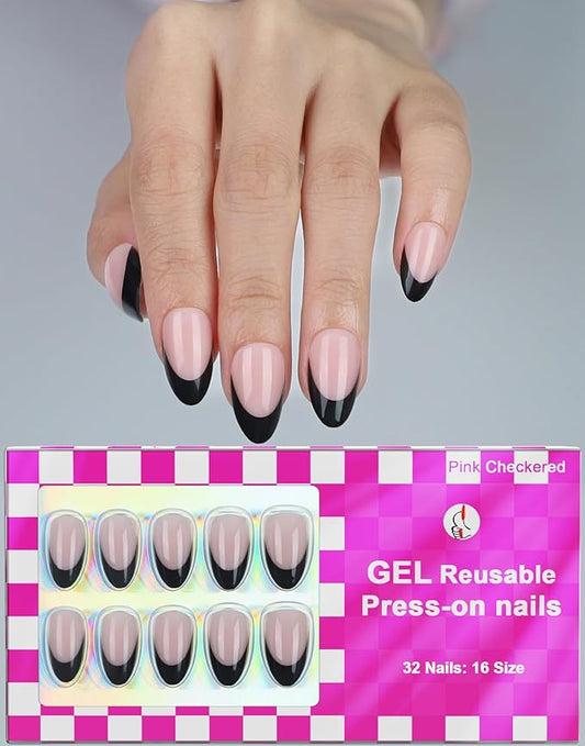 Black French Tip Gel Press On Nails Almond Short 16 Sizes Fake Nails 32Pcs Glossy, Nail Glue Included