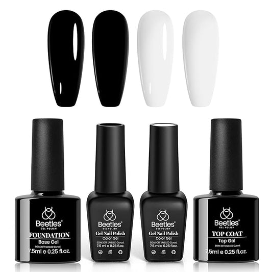 Beetles Gel Nail Polish Set - 4Pcs White Black Gel Polish Set with No Wipe Top & Base Coat Nail Polish Set Soak Off UV LED Lamp Manicure Salon DIY Home Valentines Gifts for Her Women