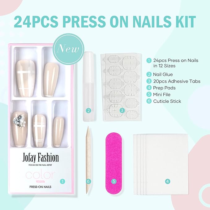 Press on Nails with Heart Big Rhinestones, Luxury Nude French Coffin Stick on Nails with Clear Crystal Pearl Coffin Nails