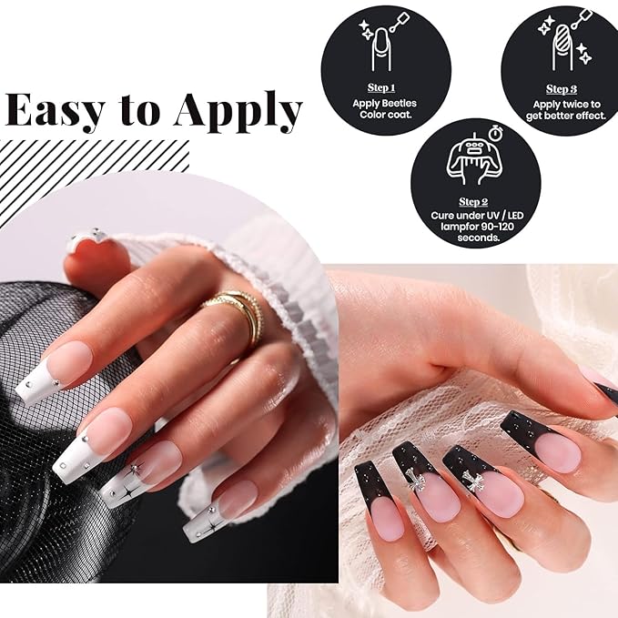 Beetles Gel Nail Polish Set - 4Pcs White Black Gel Polish Set with No Wipe Top & Base Coat Nail Polish Set Soak Off UV LED Lamp Manicure Salon DIY Home Valentines Gifts for Her Women
