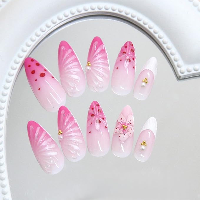 JONKASIPA 3D Pink Floral Embossed Nails Almond Shaped Floral French Fake Nails Spring Patch Nails Full Coverage Acrylic Nails For Women DIY Nail Art Supplies