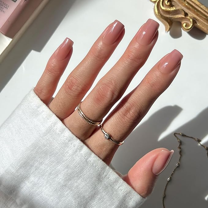 Glamnetic Press On Nails - In The Nude | Medium Square Fake Nails, Sheer Nude Neutral, Salon Quality | 15 Sizes - 30 Nail Kit