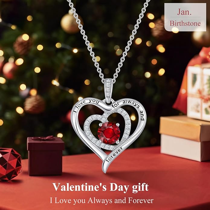 S925 Sterling Silver Necklace for Women, Valentines Day Gifts for Her, Love Heart Birthstone Necklaces for Women, Wife Jewelry, Mom Birthday Valentines Mothers Day Gifts, Girlfriend Necklaces, Daughter Heart Jewel, Anniversary for Her