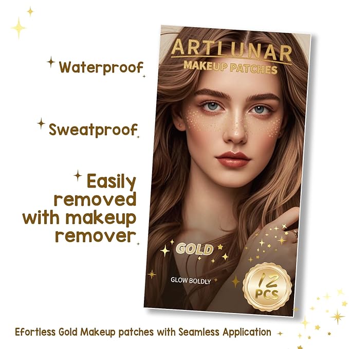 Artlunar 12Pcs Valentine's Mardi Gras Gold Makeup Patches - Body Glitter Stickers for Face and Body, Perfect for Festivals Parties (Gold), Gifts for Women and Girls.