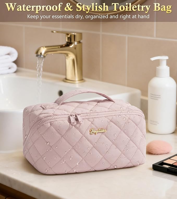 Travel Makeup Bag, 3 Pcs Large Capacity Puffy Toiletry Bag for Women, Open Flat Make up Cosmetic Organizer w/Handle & Clear Divider Water-resistant Portable Pouch Travel Essentials, L-Blue Floral