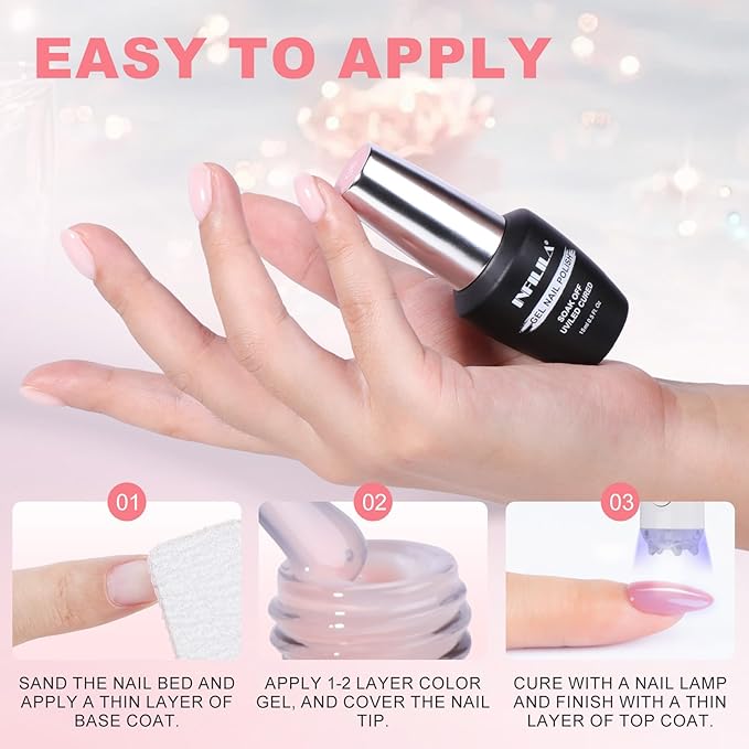 NXJ INFILILA Light Pink Gel Nail Polish, 15ml Baby Milky Pink Soak Off UV LED Gel Polish Long Lasting Shiny, Nude Jelly Sheer Translucent Color for Salon and Nail Art DIY at Home N08