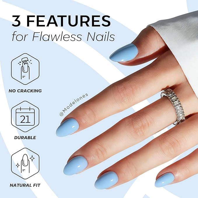 modelones Blue Short Press on Nails, Oval Fake Nails Kit Press Ons with Nail Glue, Adhesive Tabs, Nail File, Prep Pad, Manicure Stick, 32Pcs 16 Sizes
