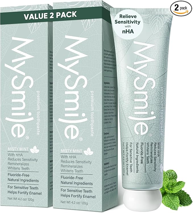MySmile Fluoride Free Nano Hydroxyapatite Toothpaste for Sensitive Teeth, Strengthens Enamel, Remineralizes & Whitens Teeth, Freshens Breath for Adults, SLS Free, Misty Mint, 4.2 oz