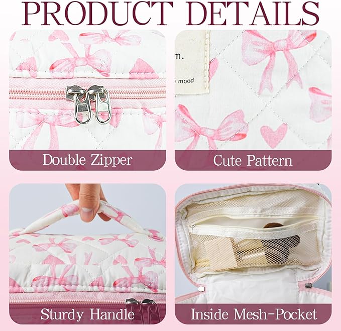 Makeup Bag, 3 PCS Quilted Makeup Bag, Cute Floral Cotton Cosmetic Bag set, Coquette Makeup Pouch Large Travel Toiletry Bag