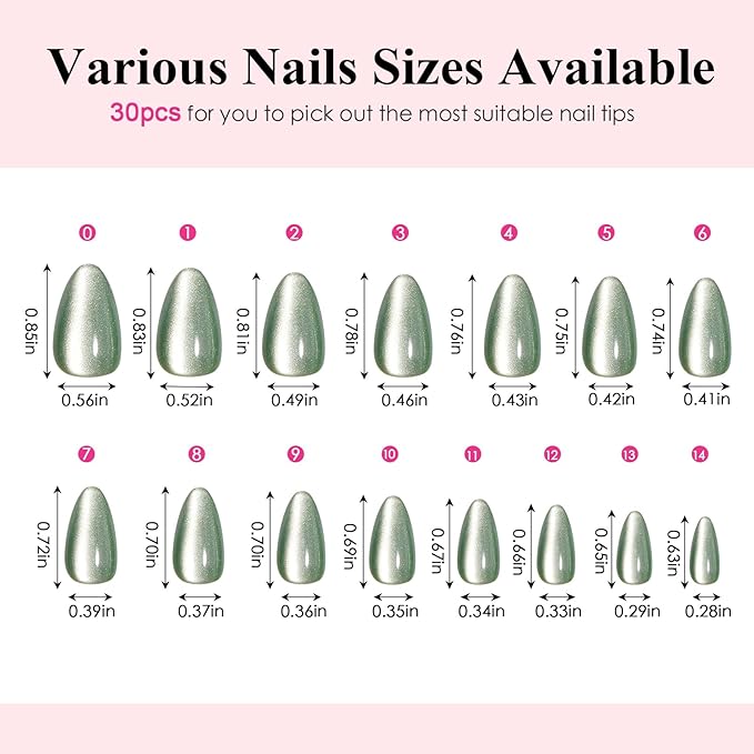 Canvalite Press On Nails Short Almond, 30Pcs Cat Eye Press on Nails Reusable Acrylic Fake Nails with Glue & Glue Remover Easy to Use Manicure Kit for Women, Green